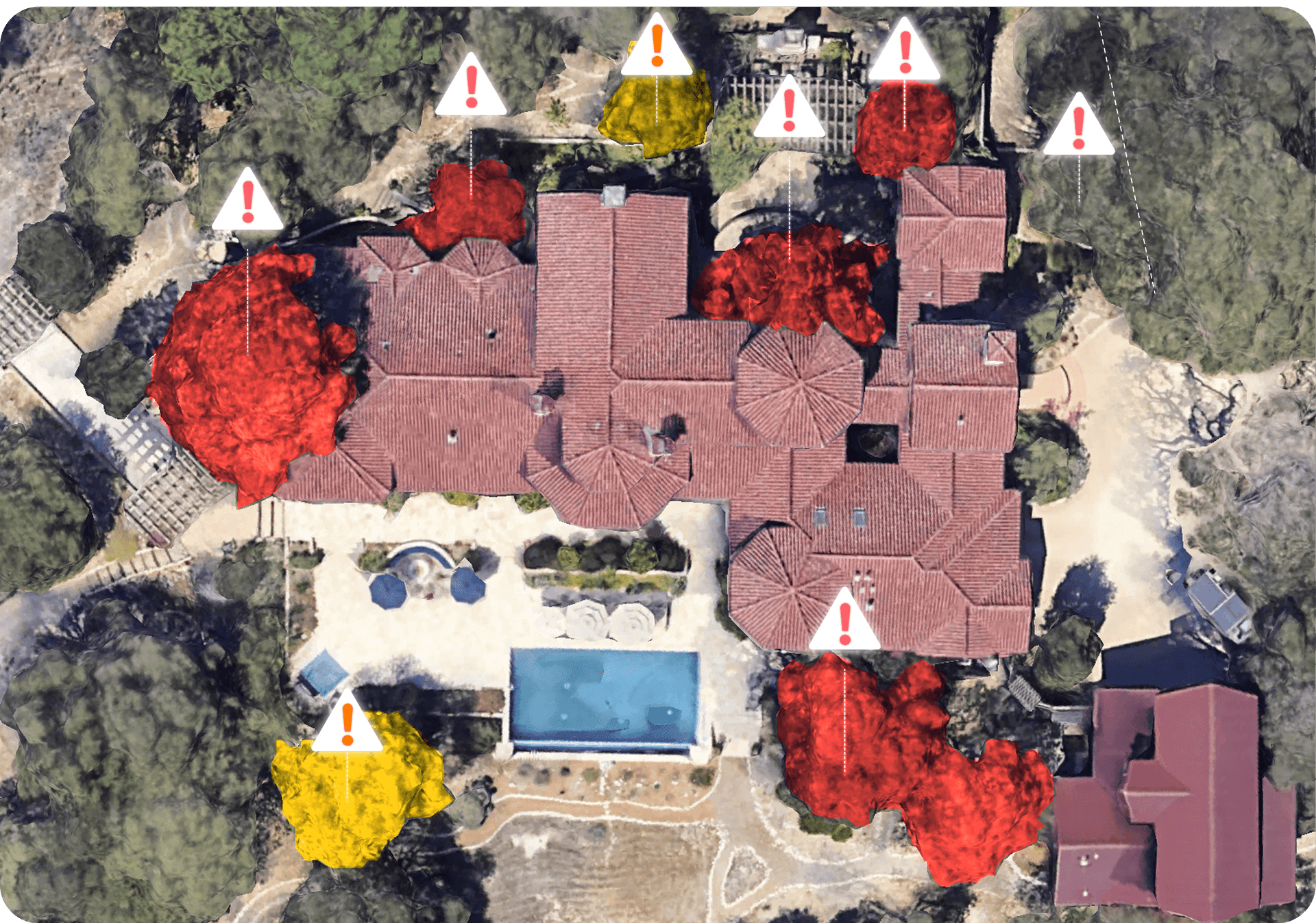 Aerial view of property with risk indicators